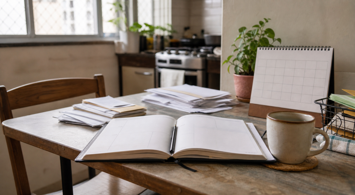 Mesa de casa com agenda, papéis essenciais e clima de reorganização simples no meio do ano.