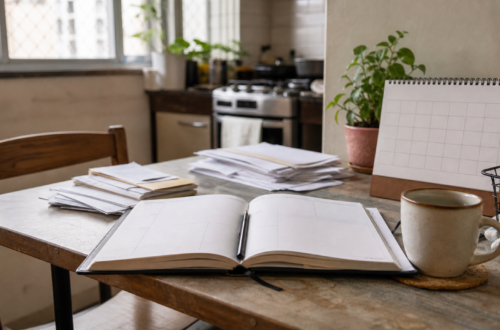 Mesa de casa com agenda, papéis essenciais e clima de reorganização simples no meio do ano.