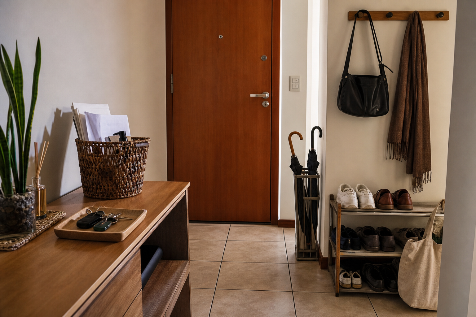 Entrada de casa simples com bolsa, chave e sapatos já organizados depois de um reset rápido.