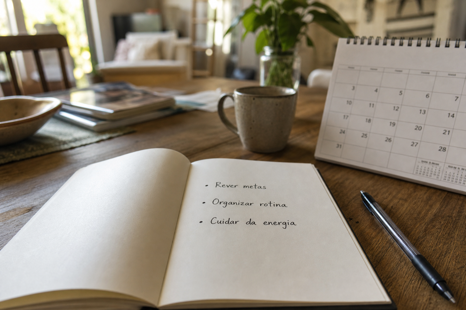Caderno aberto com três prioridades anotadas para os próximos 90 dias em um reset de meio de ano.