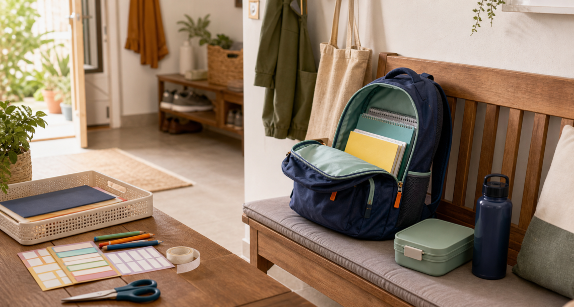 Entrada de casa organizada com mochila escolar aberta, lancheira e papéis separados para a volta às aulas.