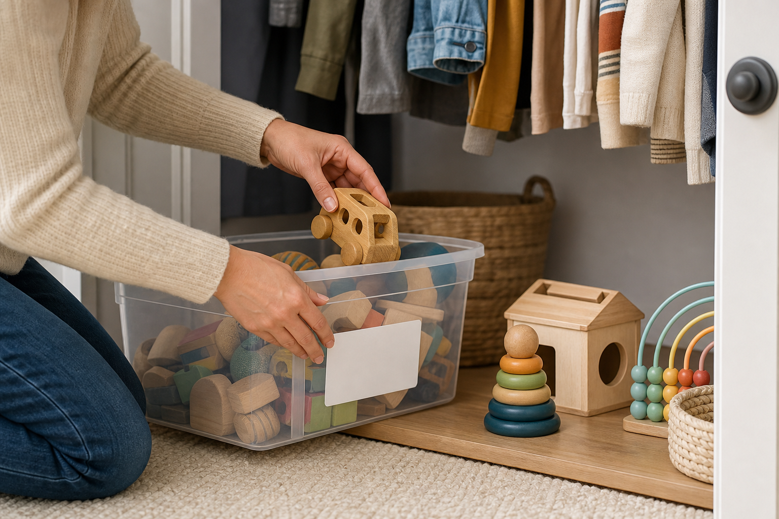 Caixas organizadoras e armário sendo usados para guardar o excedente de brinquedos