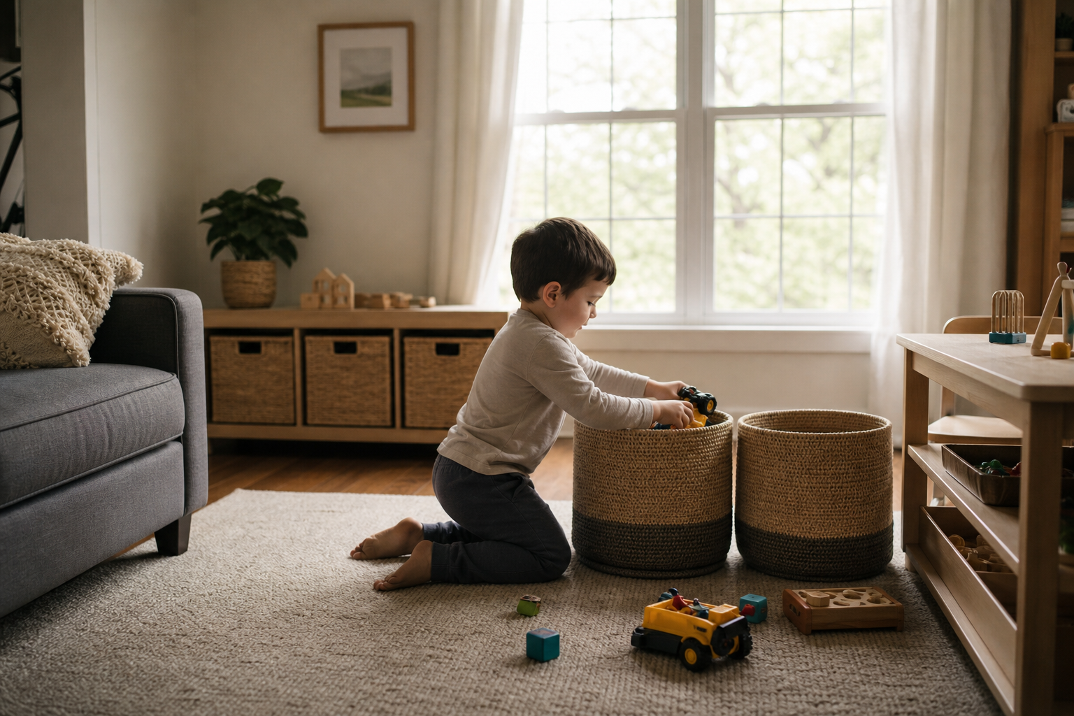 Criança ajudando a guardar poucos brinquedos em cestos no fim da brincadeira