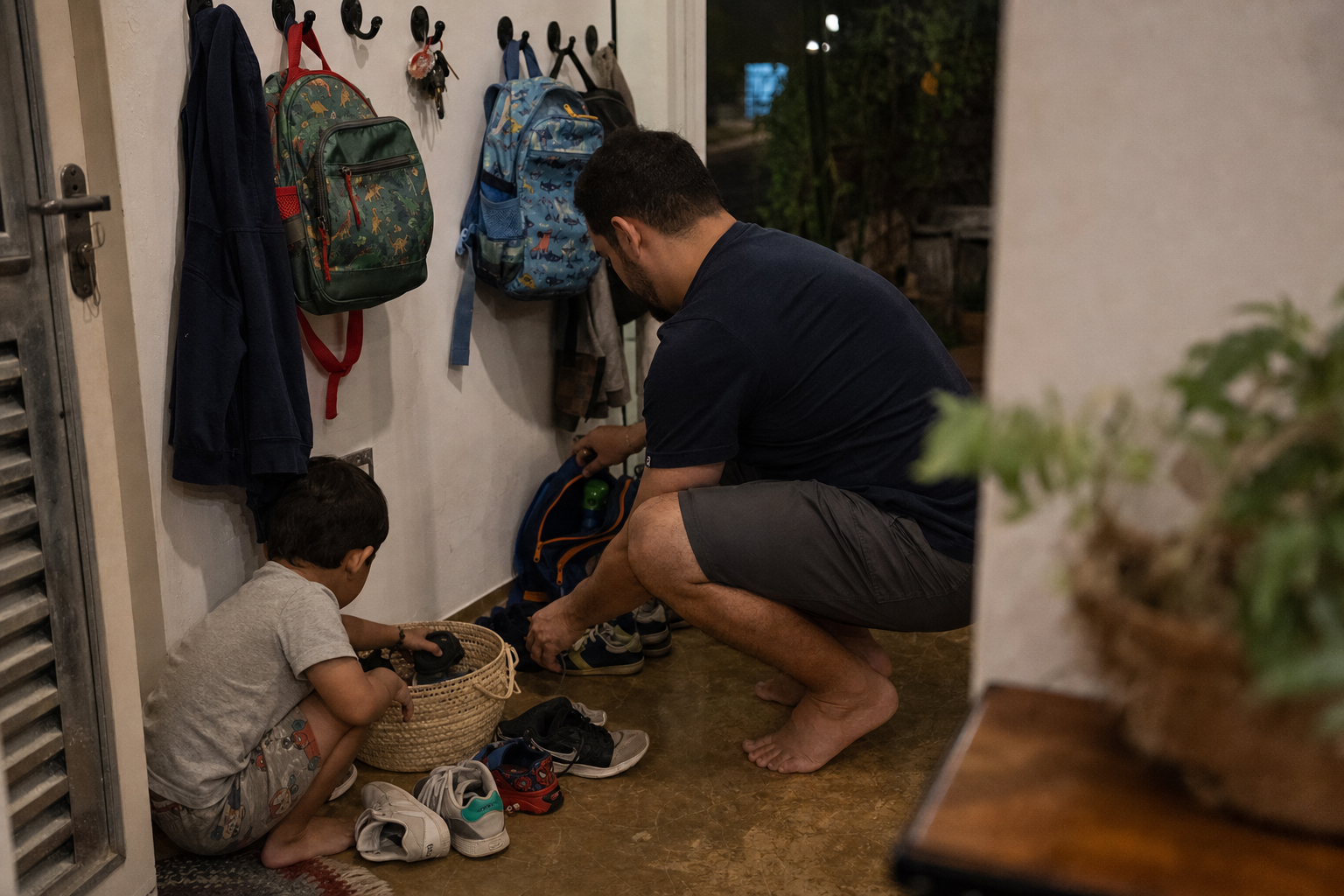 Adulto e criança organizando mochilas e sapatos na entrada de casa para reduzir a correria da rotina com filhos.