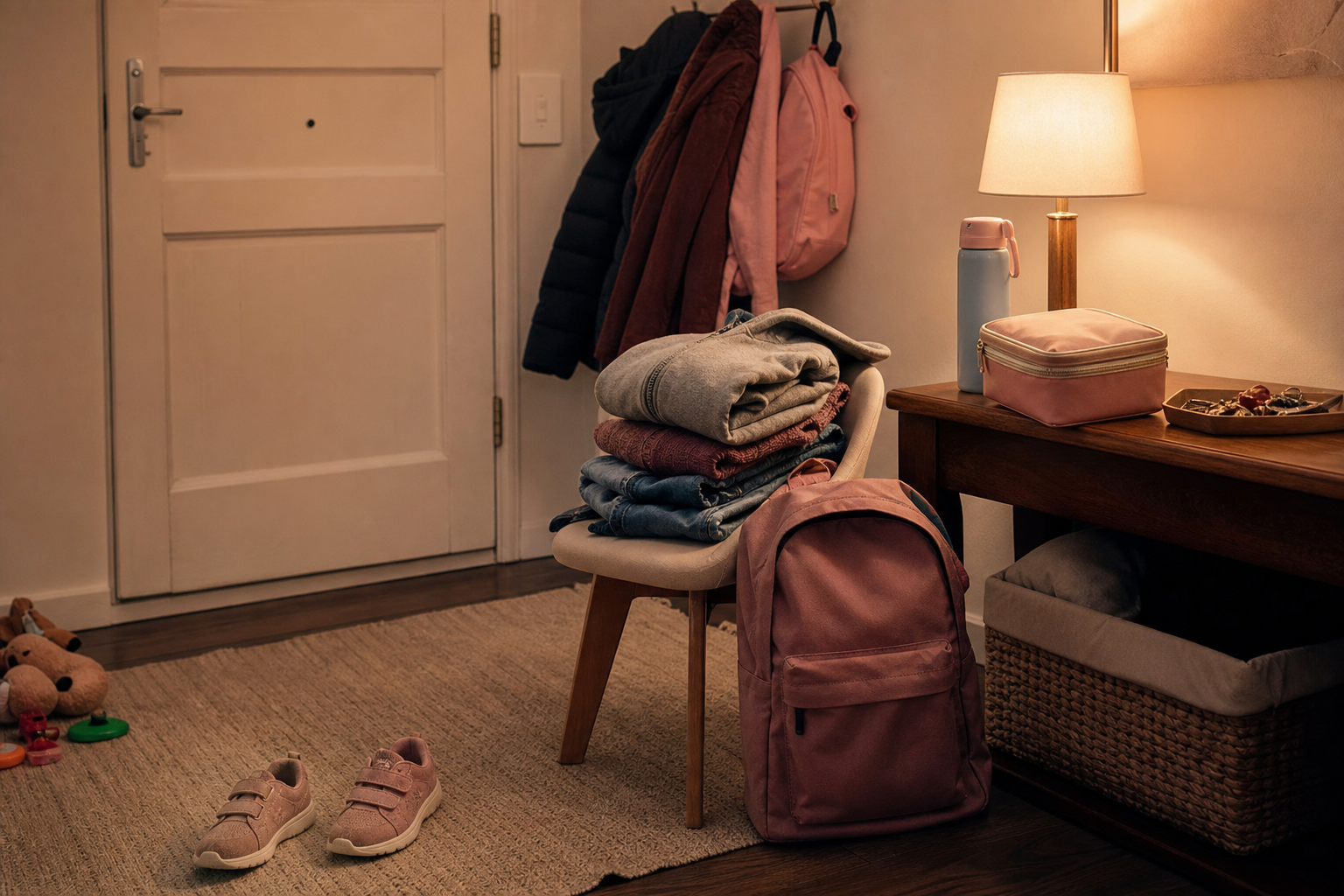 Roupa infantil, lancheira e mochila preparados na noite anterior para aliviar a carga mental da manhã seguinte.