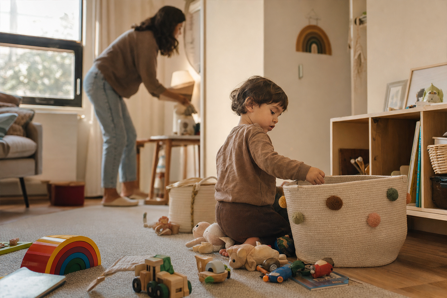 Criança guardando brinquedos em cestos enquanto um adulto recolhe poucos itens de superfícies visíveis no fim do dia.