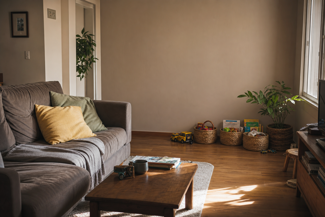 Sala de casa organizada com cestos e zona de brinquedos durante as férias escolares