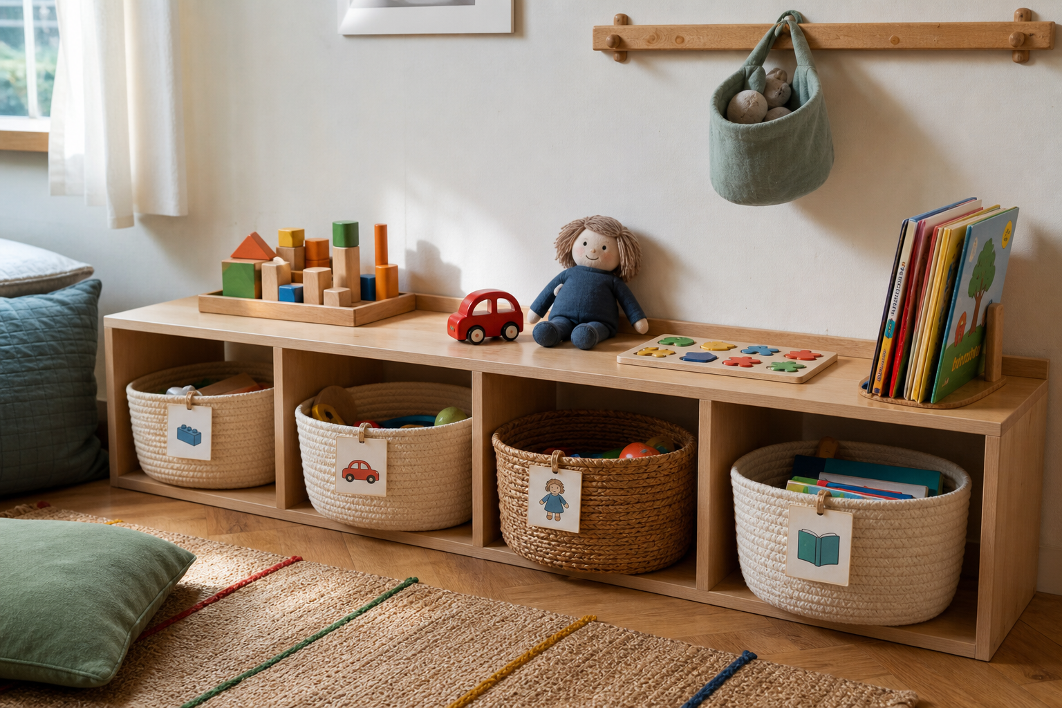 Prateleira baixa com poucos brinquedos visíveis, cestos e etiquetas simples