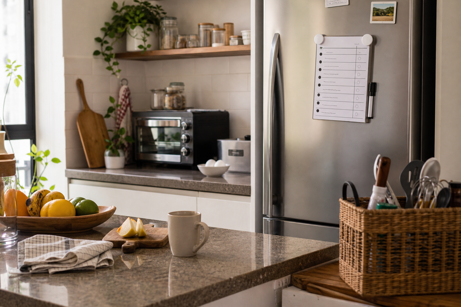 Cozinha com checklist simples na geladeira e bancada pronta para um reset leve
