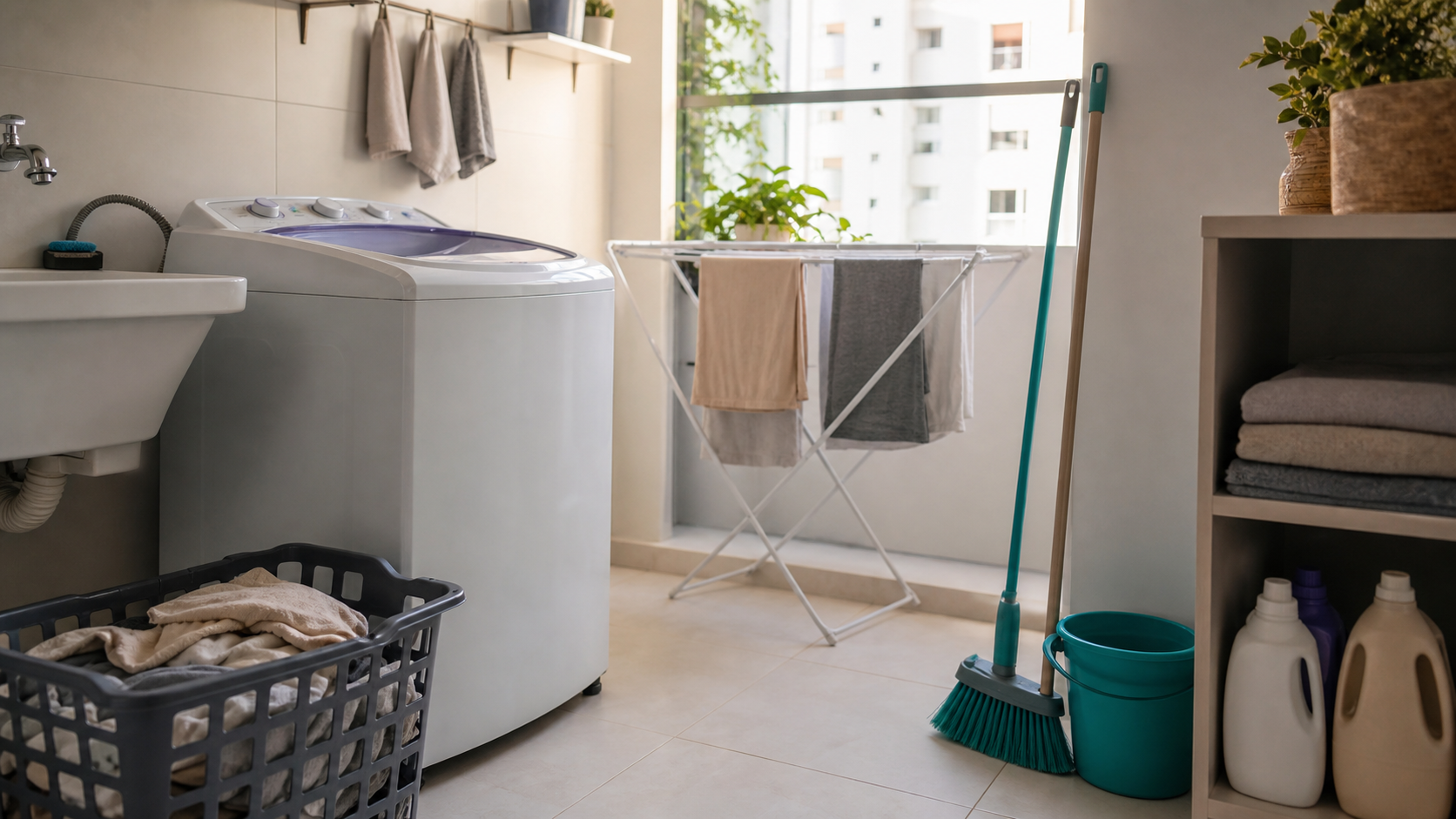 Área de serviço compacta com itens básicos de limpeza e lavanderia já definidos para a rotina da casa.