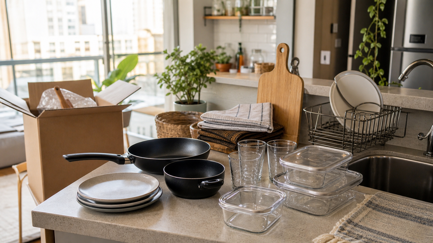 Itens essenciais da cozinha de casa nova organizados sobre uma bancada de forma prática e realista.