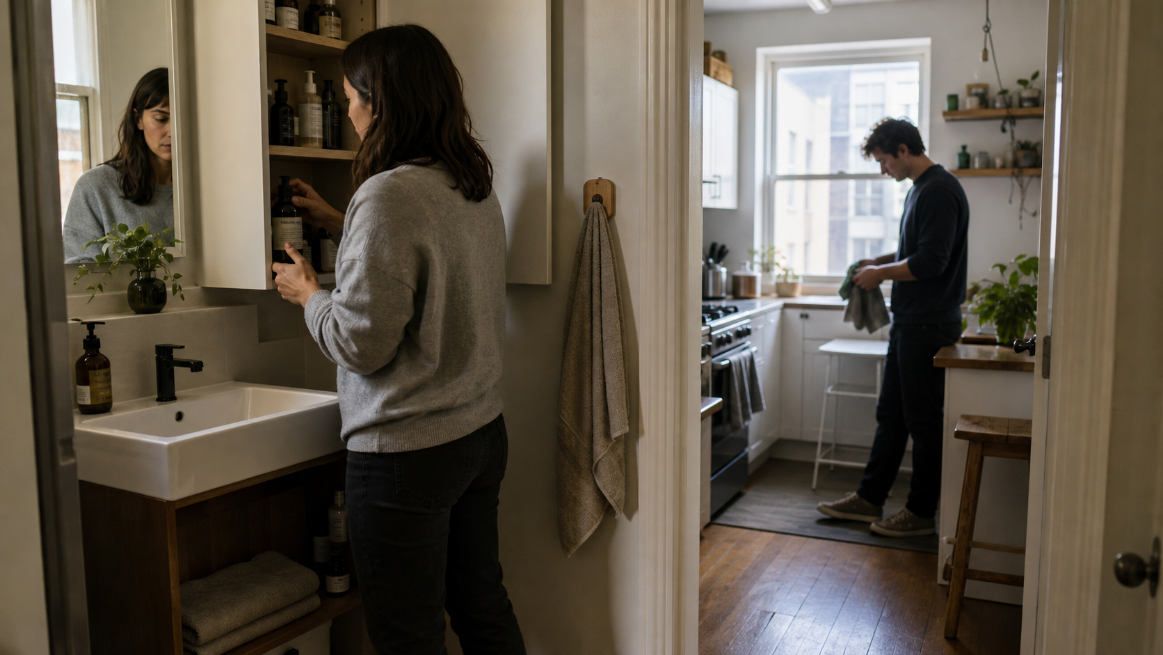 Apartamento com banheiro e cozinha em rotina de limpeza leve, mostrando uso frequente e manutenção prática.