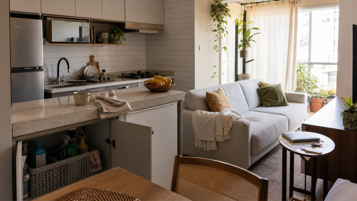 Sala e cozinha de apartamento em rotina de organização leve, ilustrando frequência de limpeza da casa.