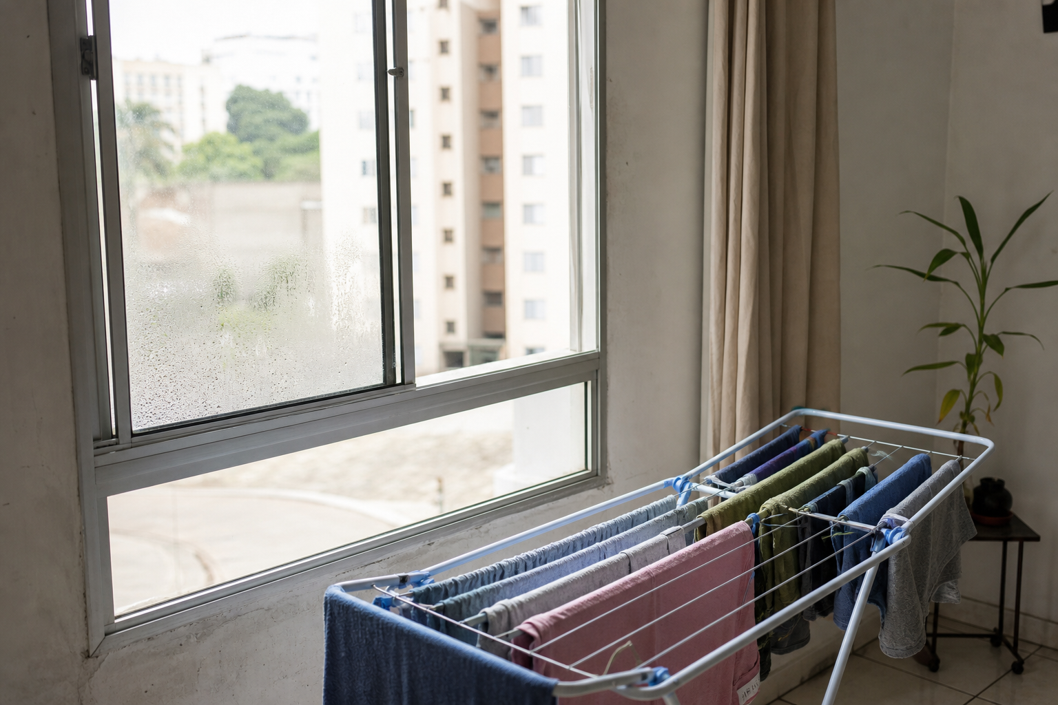 Janela com leve condensação ao lado de um varal montado dentro de casa em um ambiente simples.