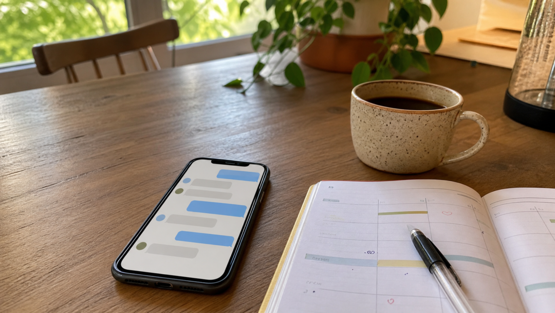Celular, café e agenda sugerindo um encontro real no lugar do vamos marcar genérico.