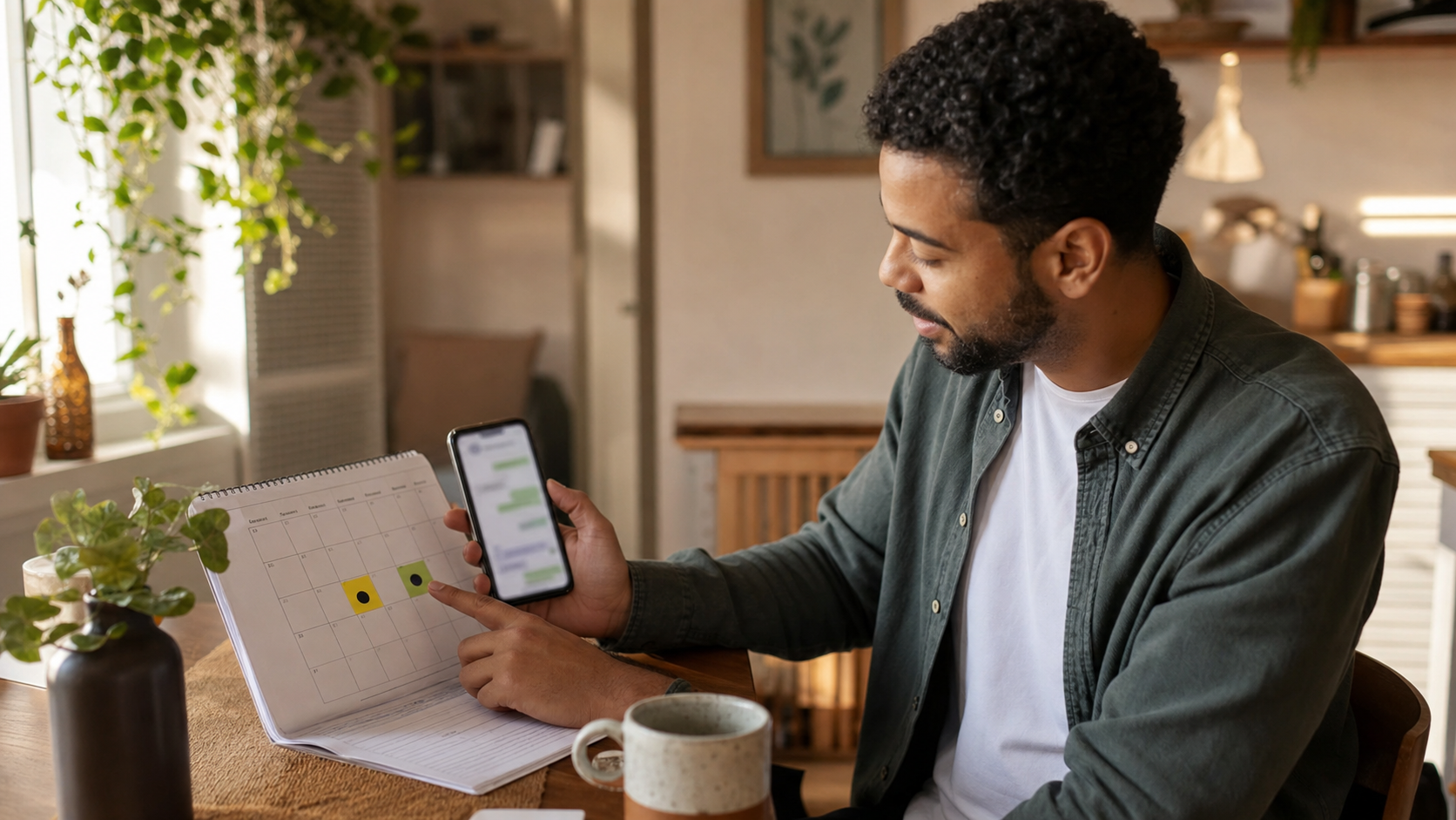 Pessoa olhando uma conversa no celular e abrindo a agenda para sugerir um encontro simples.