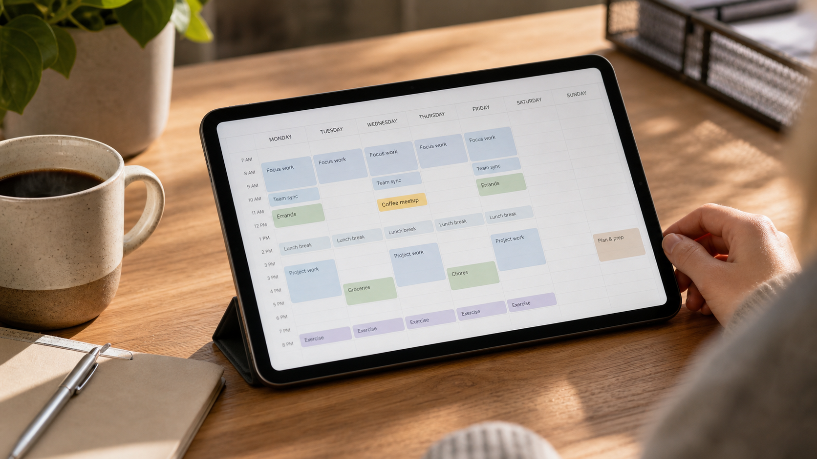 Agenda semanal com um encontro curto com amiga marcado de forma simples entre outros compromissos.