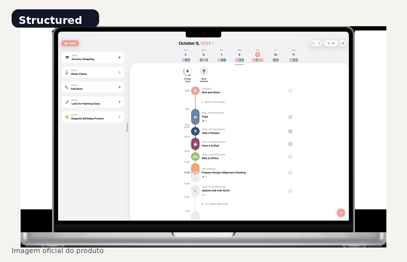 Tela oficial do Structured mostrando a rotina organizada em uma linha do tempo visual