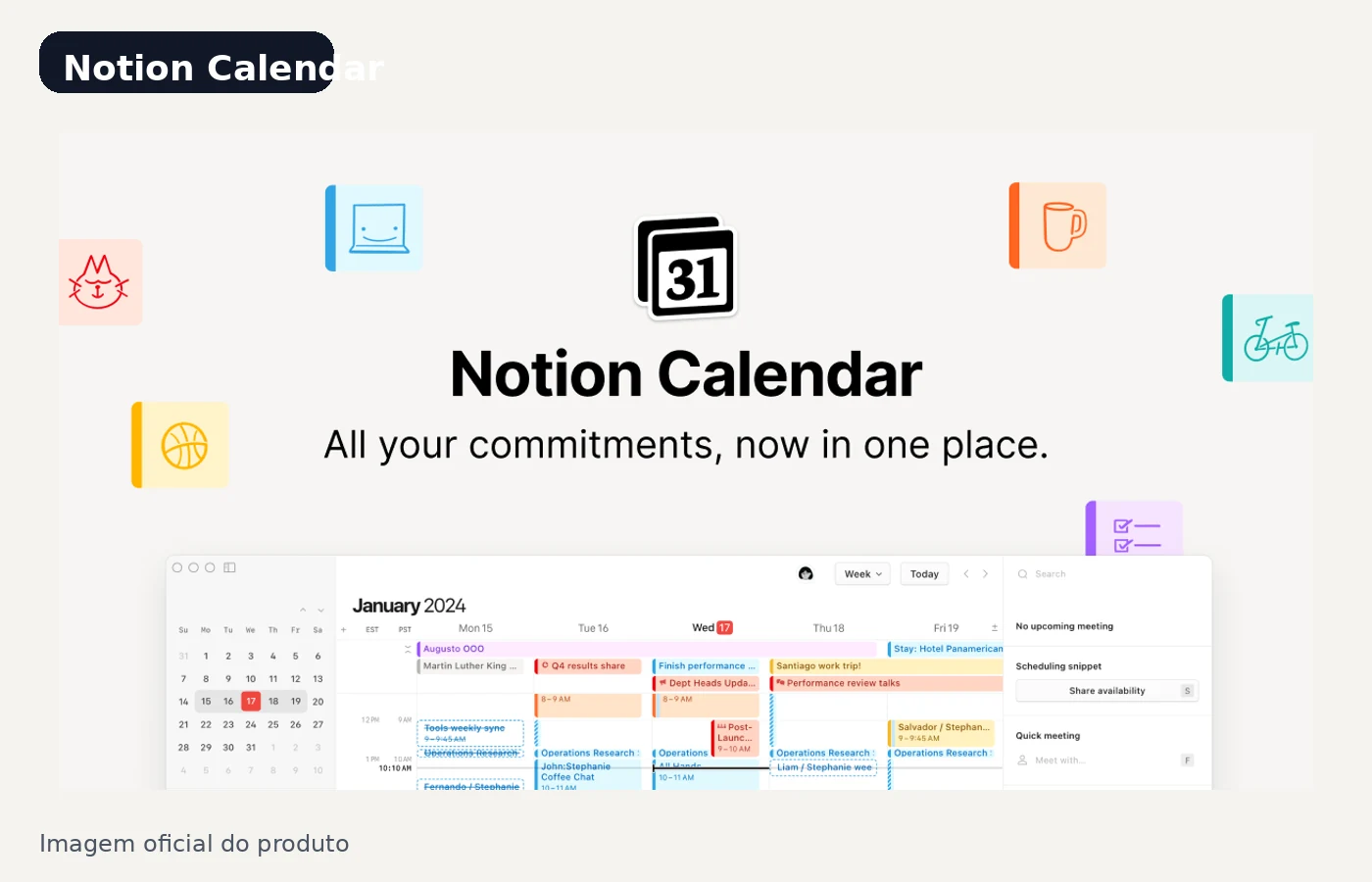 Tela oficial do Notion Calendar integrada com agenda e itens do workspace