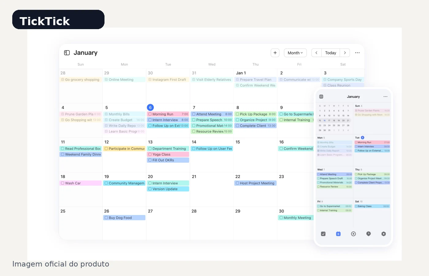 Tela oficial do TickTick com visual de calendário e tarefas no mesmo app