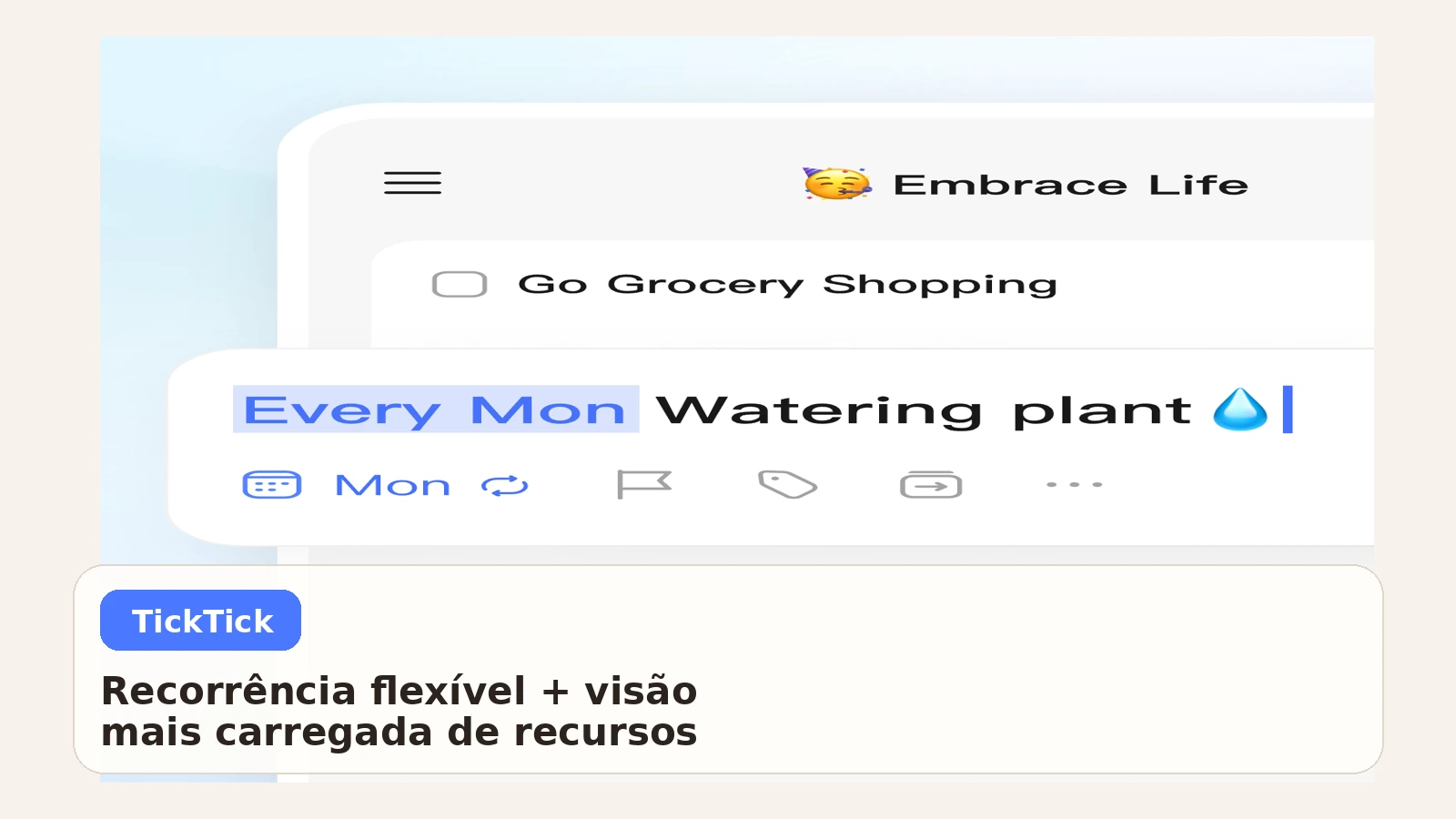 Tela editorial do TickTick destacando regras recorrentes flexíveis e recursos extras de calendário.
