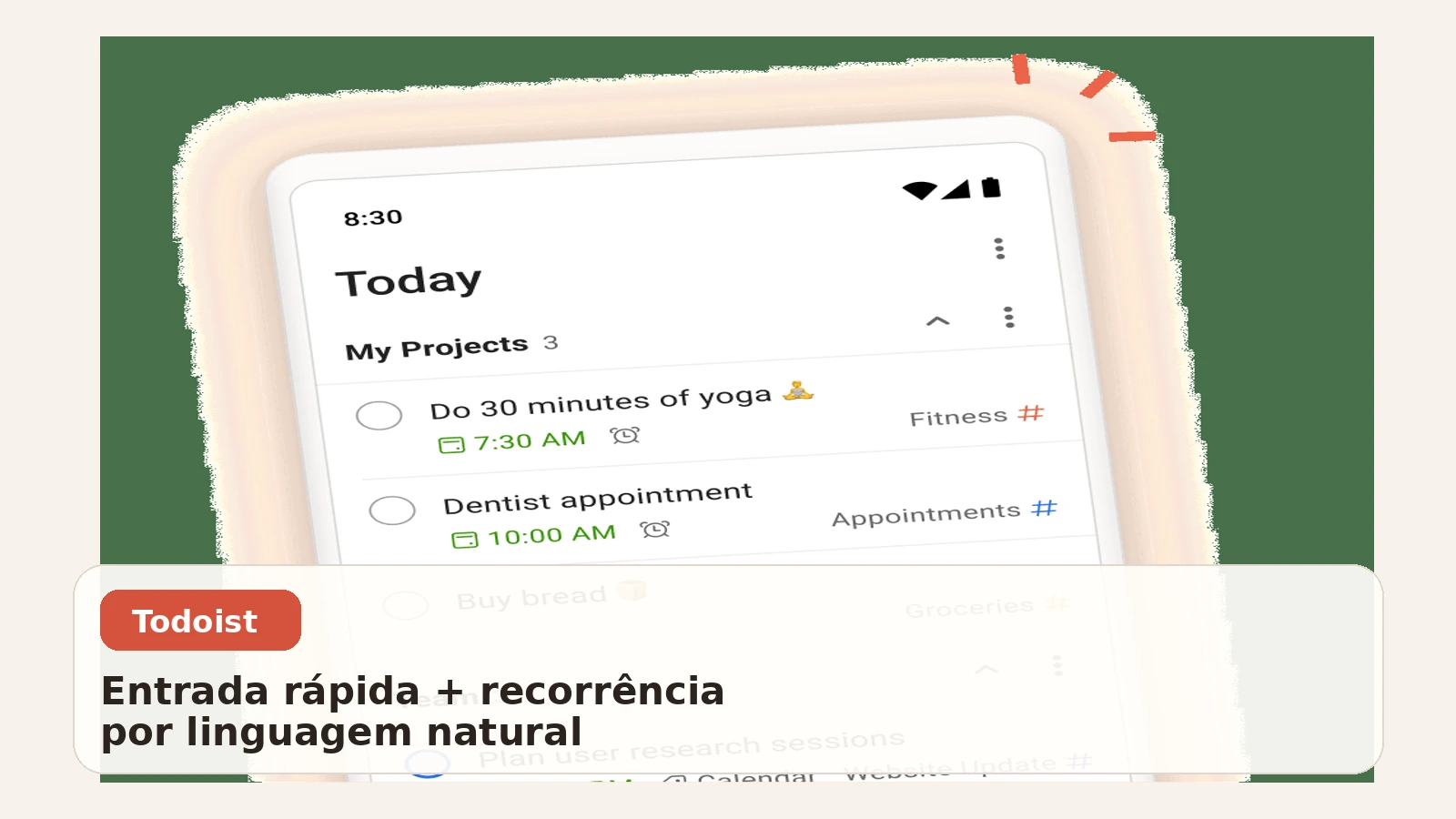 Tela editorial do Todoist destacando entrada rápida de tarefas e recorrência por linguagem natural.
