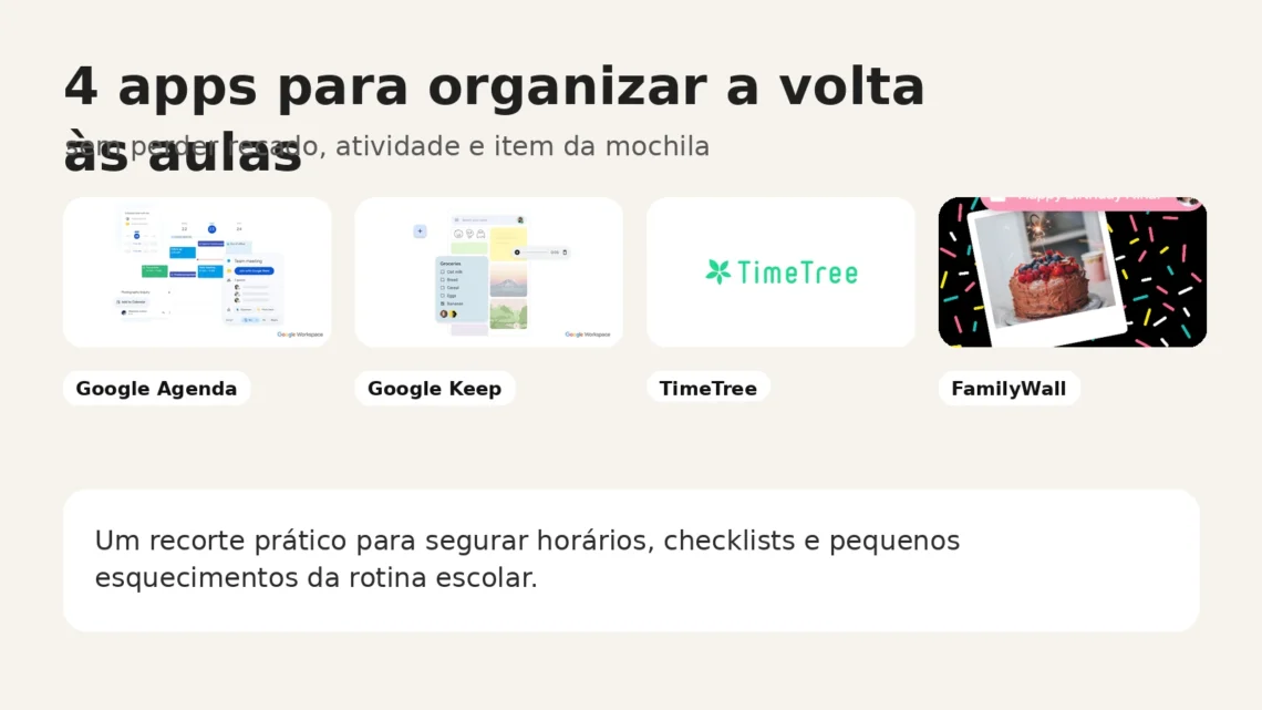 Comparativo visual com Google Agenda, Google Keep, TimeTree e FamilyWall para organizar a volta às aulas