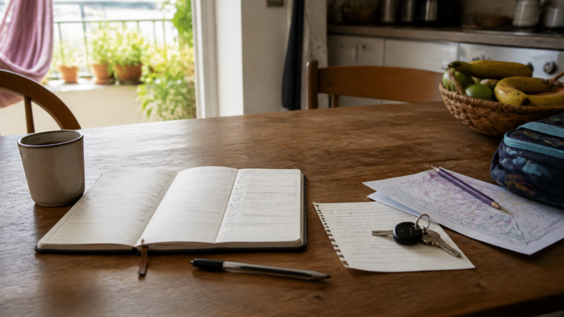 Capa do Sem Caos sobre planejamento semanal realista com mesa da casa, agenda simples e itens do dia a dia.