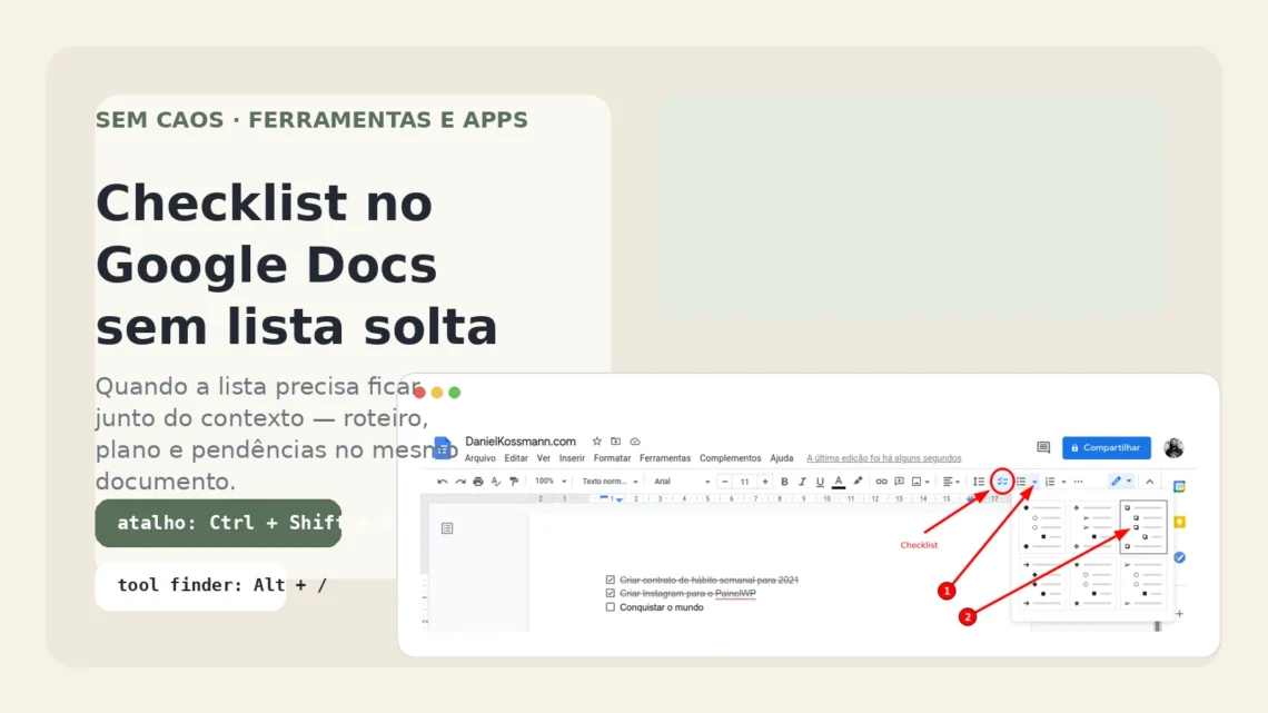 Capa do Sem Caos sobre checklist no Google Docs para organizar roteiro, viagem e pendências com contexto.