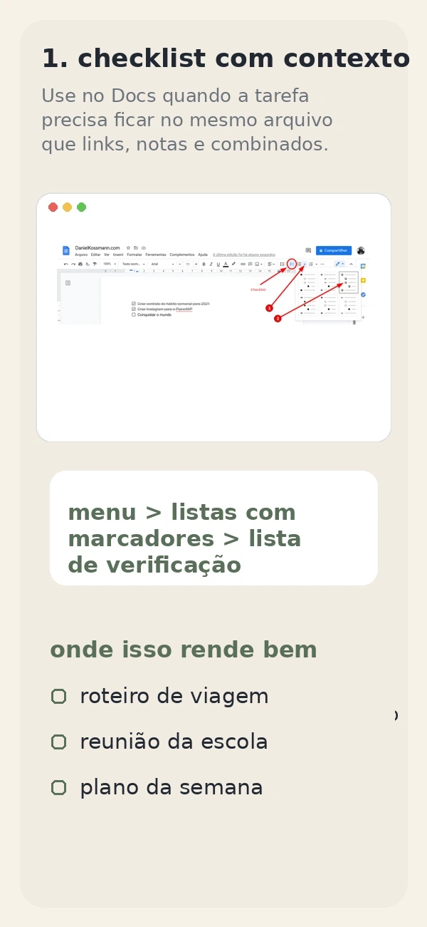 Menu do Google Docs mostrando o caminho para inserir uma lista de verificação no documento.