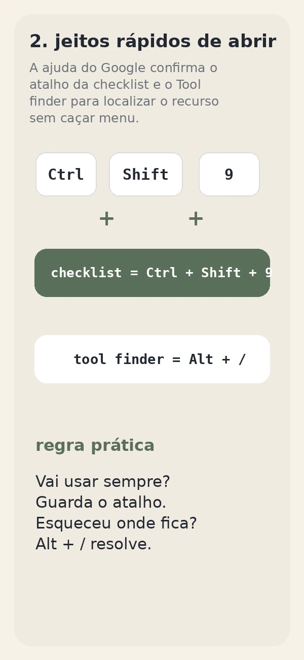 Resumo visual com os atalhos Ctrl Shift 9 para checklist e Alt barra para Tool finder no Google Docs.