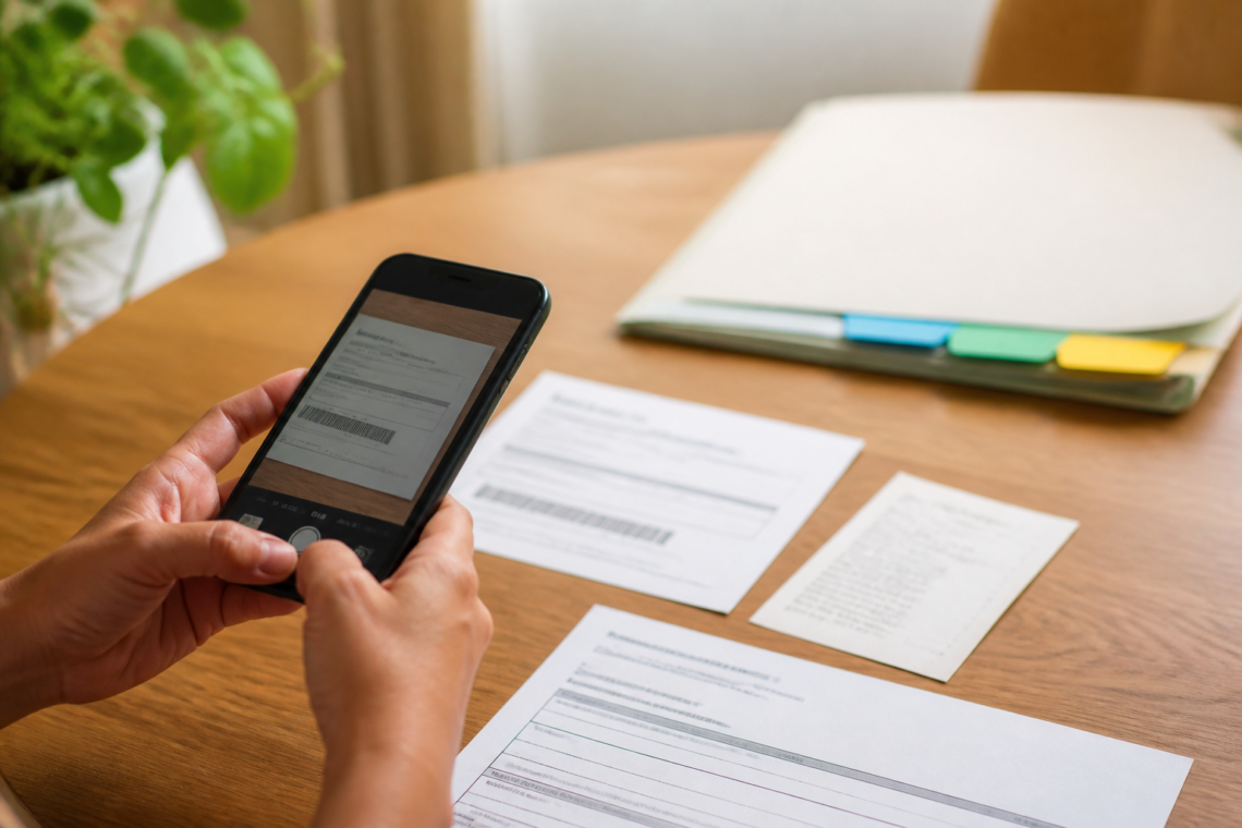 Mesa de casa com celular e documentos sendo organizados para guardar boletos e contratos.