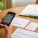 Mesa de casa com celular e documentos sendo organizados para guardar boletos e contratos.
