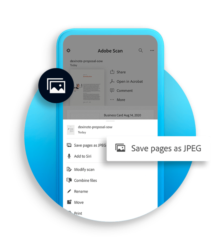 Tela do Adobe Scan mostrando recursos de OCR e organização de digitalizações.