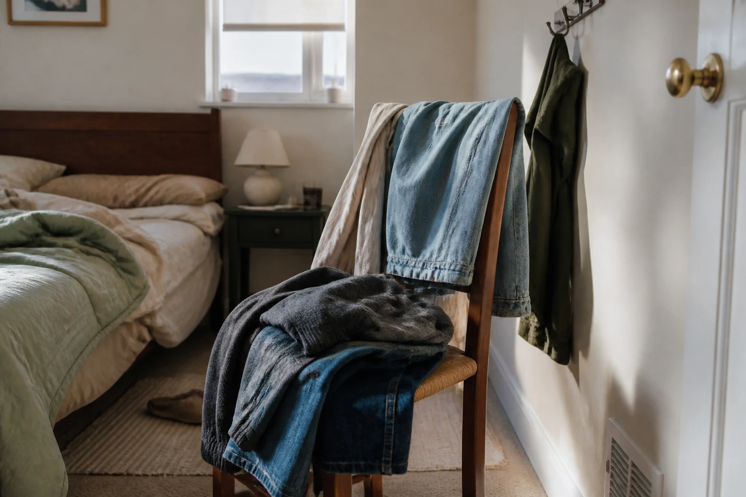 Cadeira do quarto com roupas intermediárias e um apoio próximo para limitar o acúmulo.
