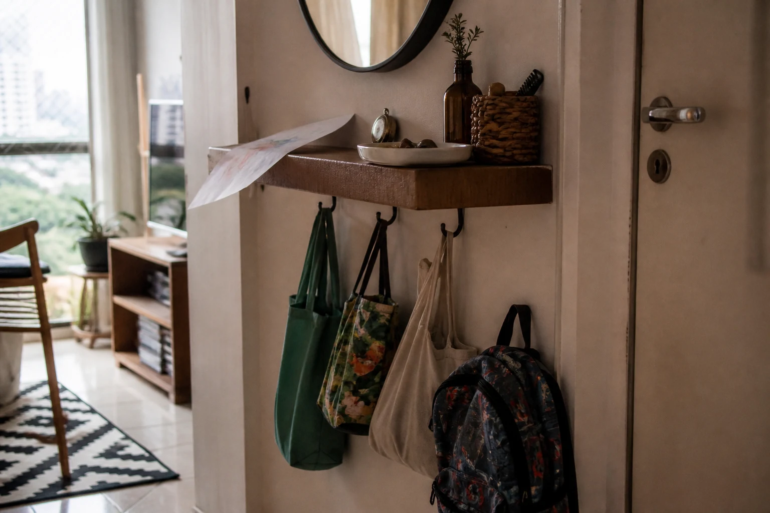 Entrada da casa com ganchos, bolsas e bandeja para itens que chegam da rua.