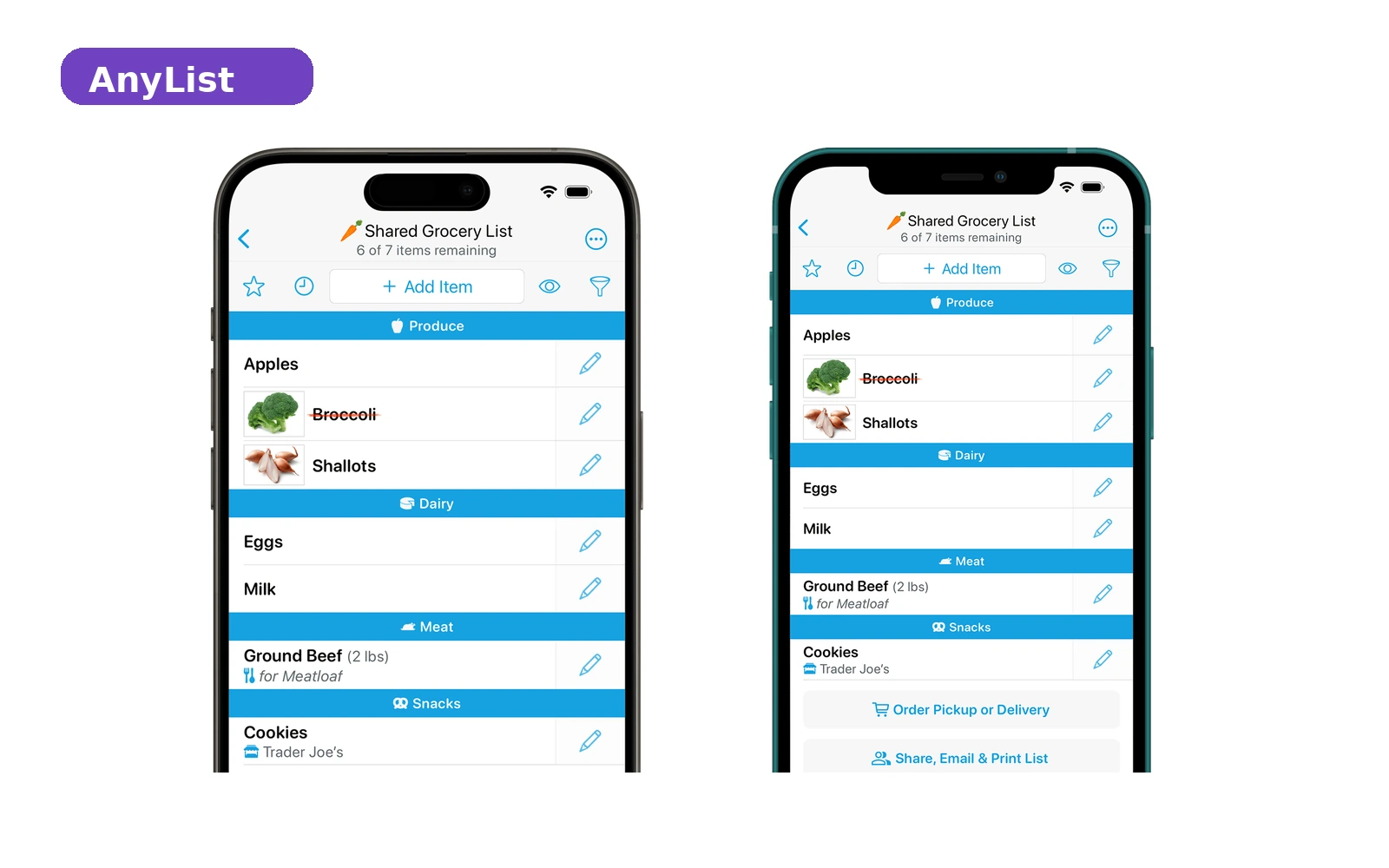 Telas do AnyList com listas compartilhadas e categorias de compras.