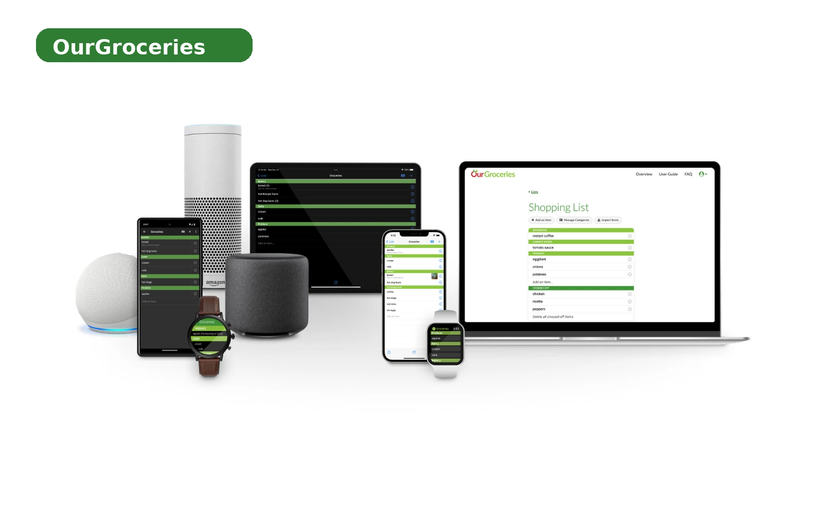 Telas do OurGroceries com listas compartilhadas e suporte via navegador.