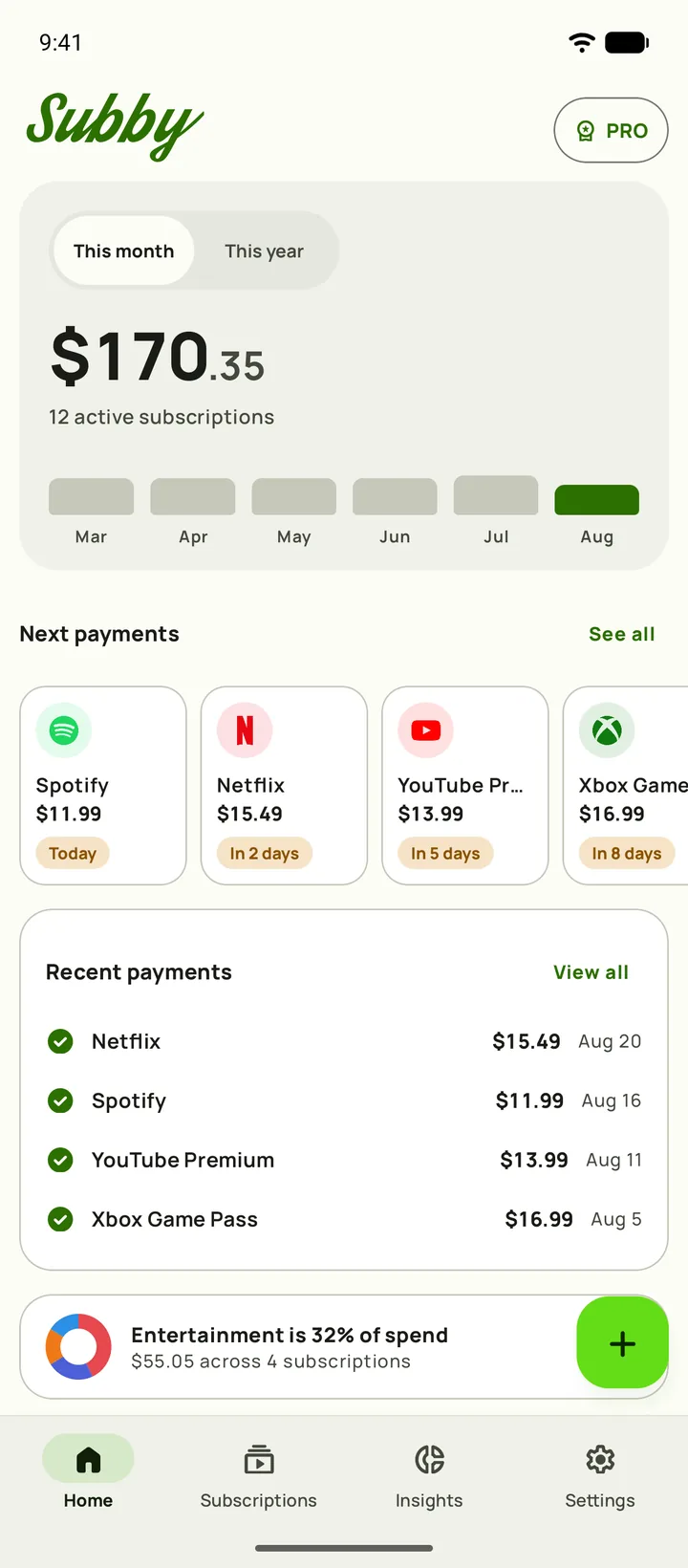 Tela oficial do app Subby mostrando a visão principal de assinaturas recorrentes no Android.