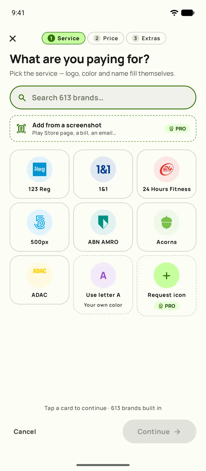 Tela oficial do Subby mostrando o fluxo de adicionar uma nova assinatura no Android.