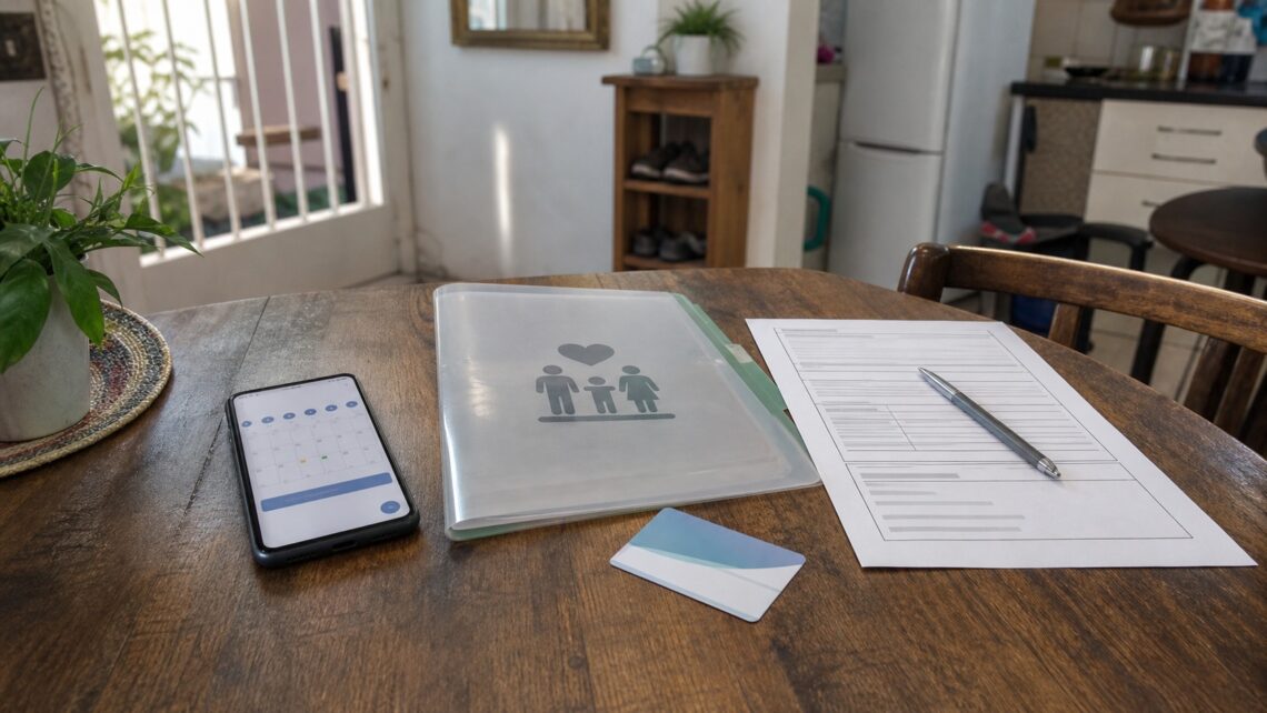 Mesa de casa com celular, papéis médicos e pasta da família para representar organização de consultas e exames.