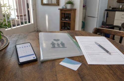 Mesa de casa com celular, papéis médicos e pasta da família para representar organização de consultas e exames.