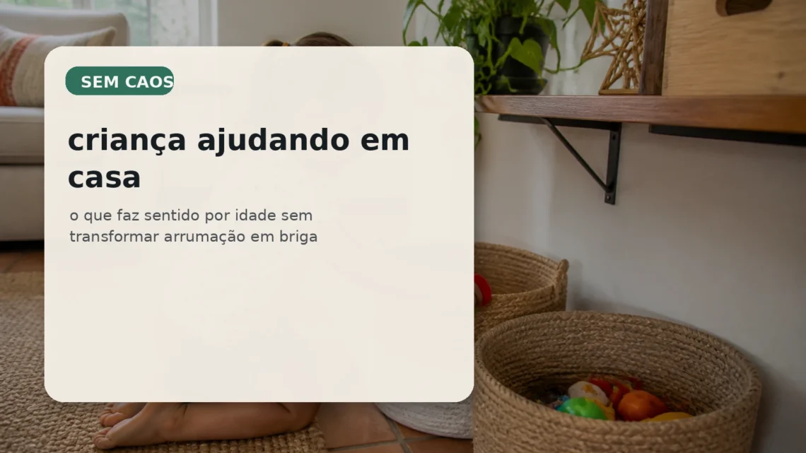 Capa do Sem Caos sobre criança ajudando em casa com tarefas compatíveis com a idade.