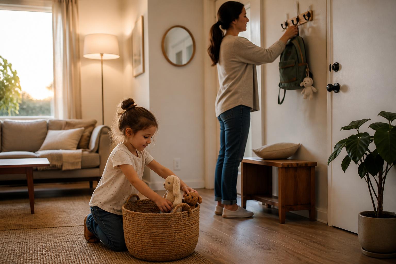 Família em rotina de fim de dia com poucas tarefas visíveis: guardar brinquedos, colocar roupa no cesto e preparar mochila para o dia seguinte.