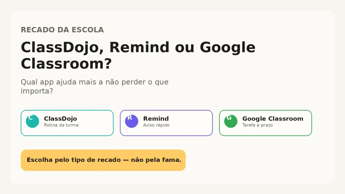 Card do Sem Caos comparando ClassDojo, Remind e Google Classroom para não perder recado da escola.