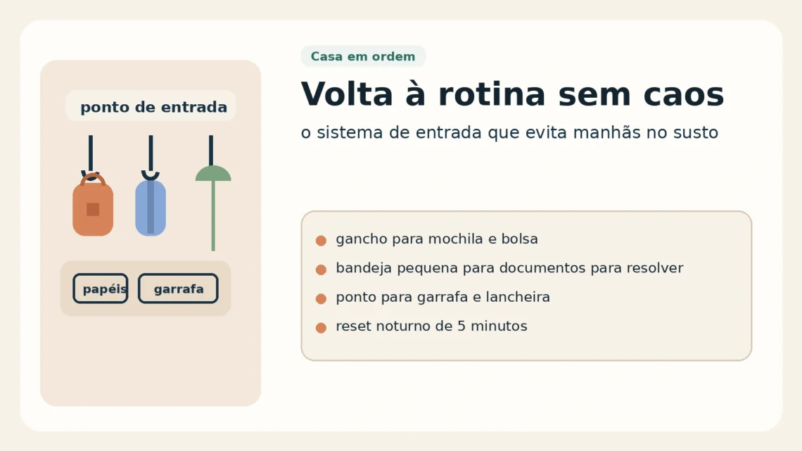Ilustração editorial de um ponto de entrada da casa com mochila, bandeja de documentos e apoio para garrafa e lancheira.