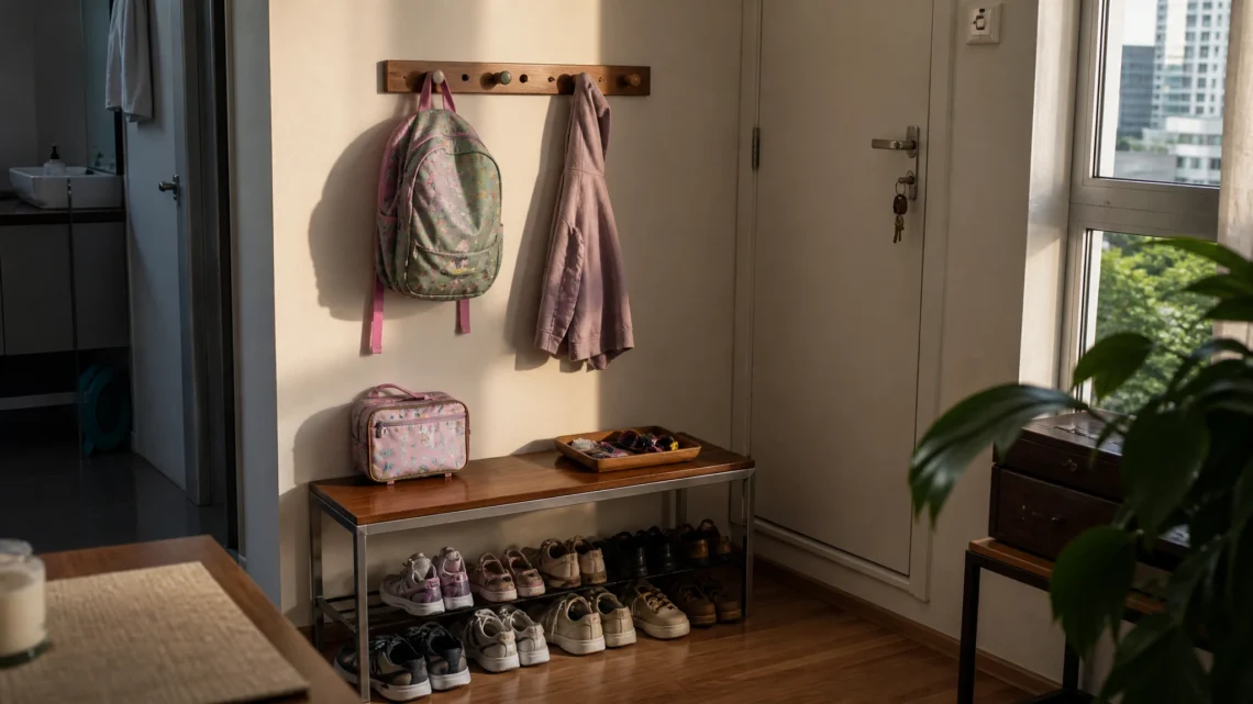 Entrada de casa organizada para a volta da escola, com mochila, casaco e sapatos em um ponto de apoio.