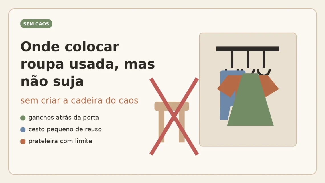 Ilustração do Sem Caos mostrando alternativas para guardar roupa usada sem virar a cadeira do caos.