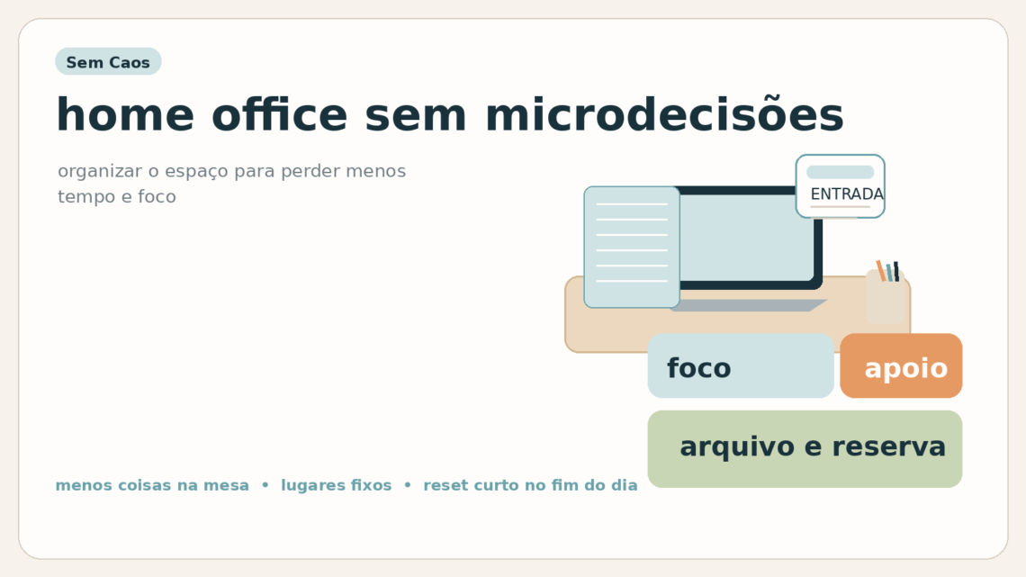 Capa do Sem Caos sobre home office funcional com menos microdecisões e menos atrito.