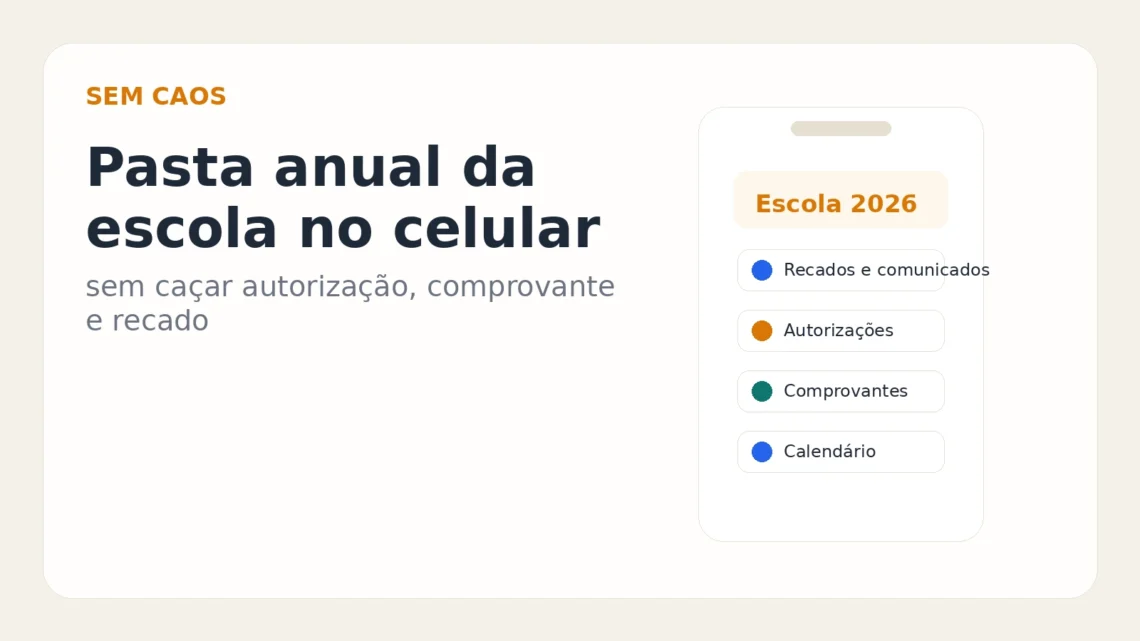 Card editorial do Sem Caos sobre montar uma pasta anual da escola no celular para não caçar autorização, comprovante e recado.